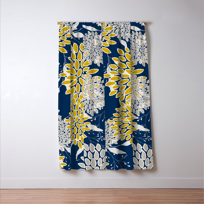 Floral Leaves and Blooms, Navy Blue, Yellow, Beige Window Curtain Gallery Image 3