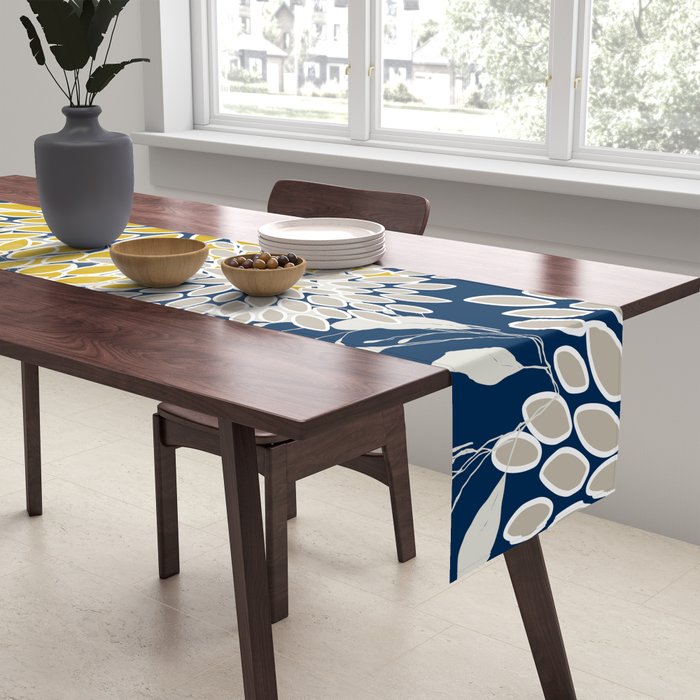 Floral Leaves and Blooms, Navy Blue, Yellow, Beige Table Runner Gallery Image 2