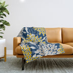 Floral Leaves and Blooms, Navy Blue, Yellow, Beige Throw Blanket Gallery Image 1