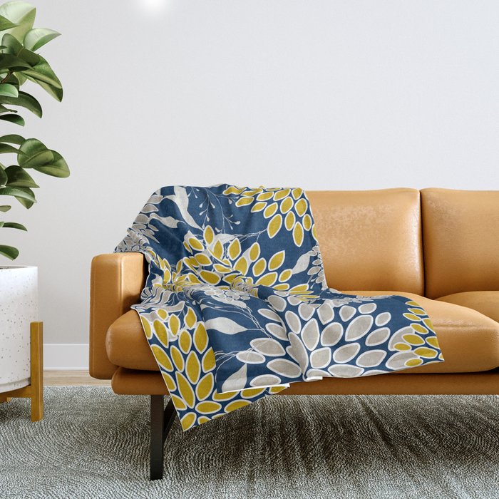 Floral Leaves and Blooms, Navy Blue, Yellow, Beige Throw Blanket Gallery Image 1