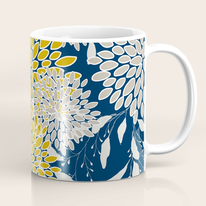 Floral Leaves and Blooms, Navy Blue, Yellow, Beige Coffee Mug Gallery Image 1