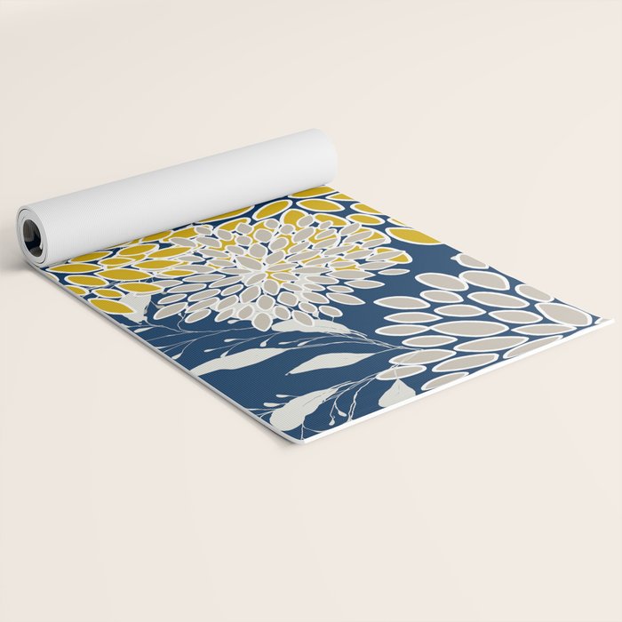 Floral Leaves and Blooms, Navy Blue, Yellow, Beige Yoga Mat Gallery Image 2