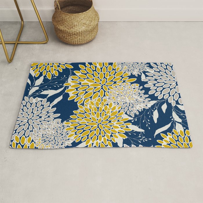 Floral Leaves and Blooms, Navy Blue, Yellow, Beige Rug Gallery Image 1