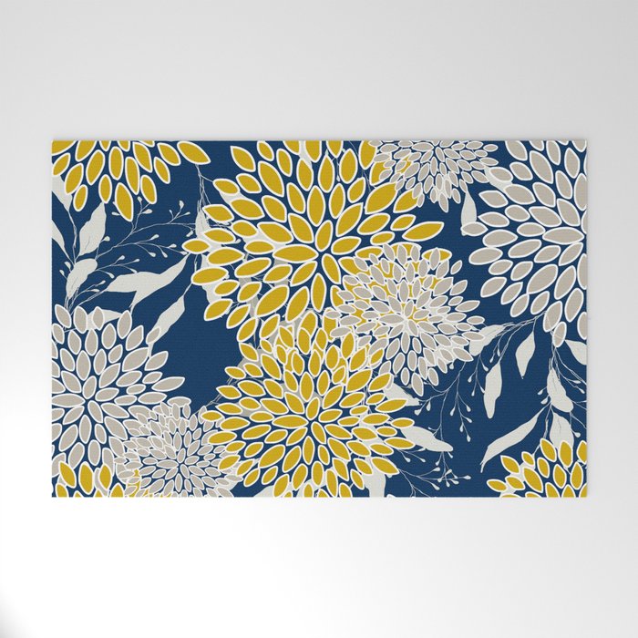 Floral Leaves and Blooms, Navy Blue, Yellow, Beige Welcome Mat Gallery Image 1