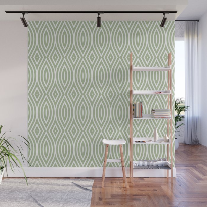 Decorative Boho Geo Pattern, Sage Green and White Wall Mural Gallery Image 1