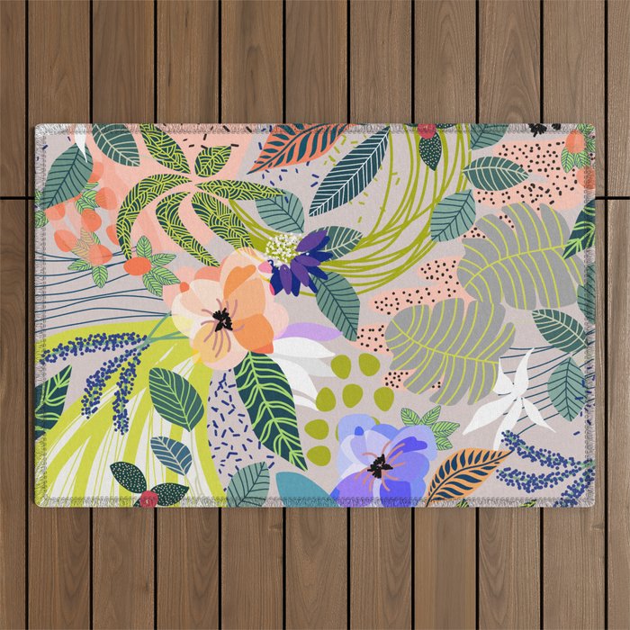 Wander, Floral Colorful Summer Modern Bohemian Illustration, Nature Blush Botanical Tropical Garden Outdoor Rug Gallery Image 1