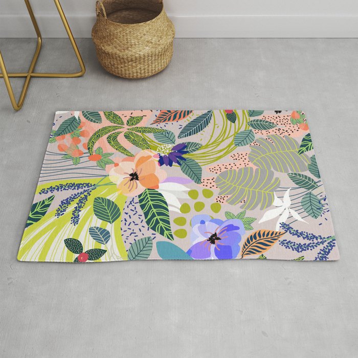 Wander, Floral Colorful Summer Modern Bohemian Illustration, Nature Blush Botanical Tropical Garden Rug Gallery Image 1