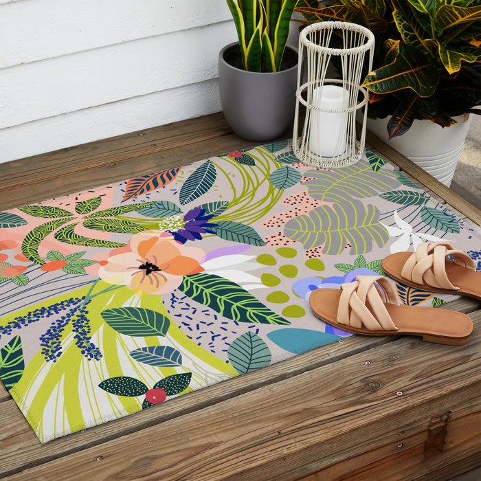 Wander, Floral Colorful Summer Modern Bohemian Illustration, Nature Blush Botanical Tropical Garden Outdoor Rug Gallery Image 2