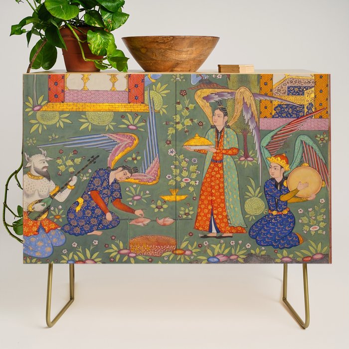 The picture of the Garden of Paradise, and the Queen of the Fairies on her throne, being joyous and merry Islamic Antique Art  Credenza Gallery Image 1