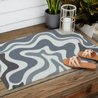 Liquid Swirl Abstract Pattern in Gray Monochrome  Outdoor Rug Gallery Image 2