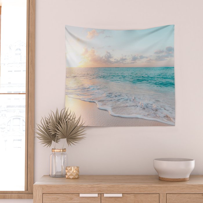 Beautiful tropical turquoise sandy beach photo Wall Tapestry Gallery Image 2
