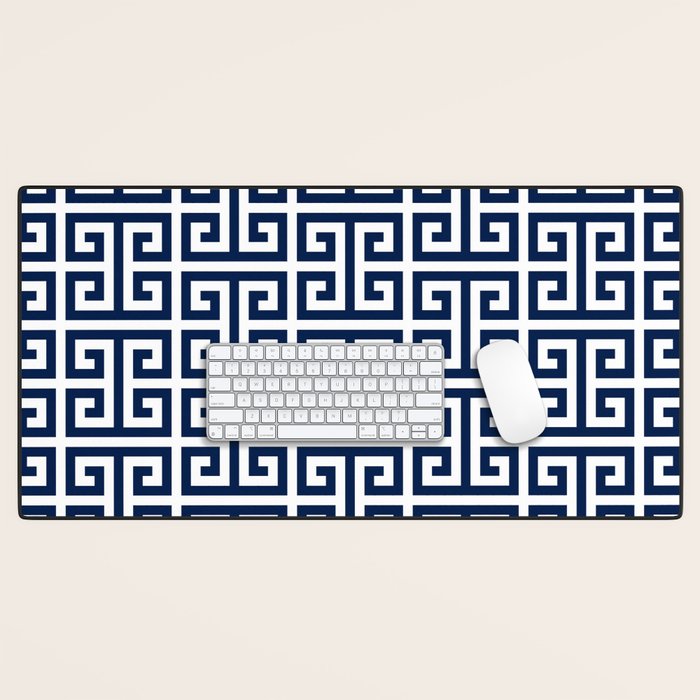 Dark Navy Blue and White Greek Key Pattern Desk Mat Gallery Image 1