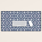 Dark Navy Blue and White Greek Key Pattern Desk Mat Gallery Image 1