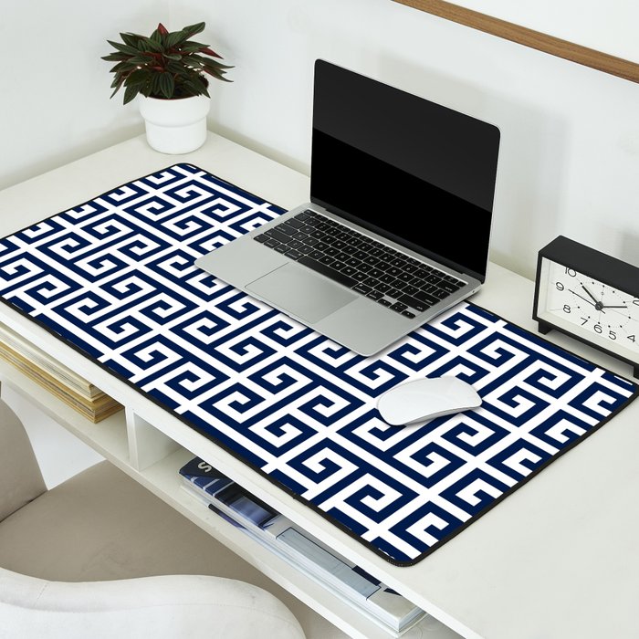 Dark Navy Blue and White Greek Key Pattern Desk Mat Gallery Image 2