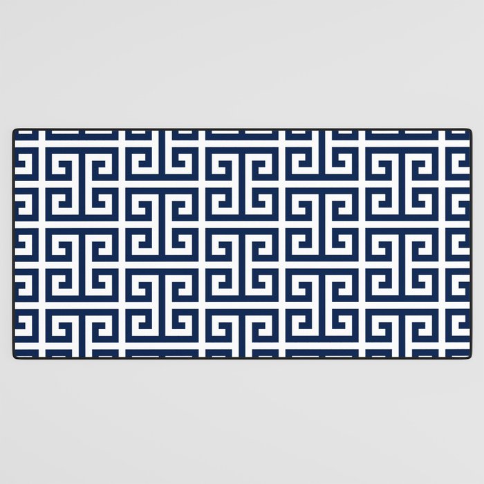 Dark Navy Blue and White Greek Key Pattern Desk Mat Gallery Image 3