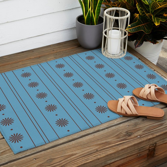 Daisy Stripes Cozy Cottage Pattern in Light Blue and Brown Outdoor Rug Gallery Image 2