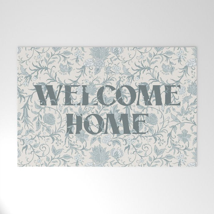 Hand Drawn Jacobean Floral - Teal Beige Welcome Mat Gallery Image 1