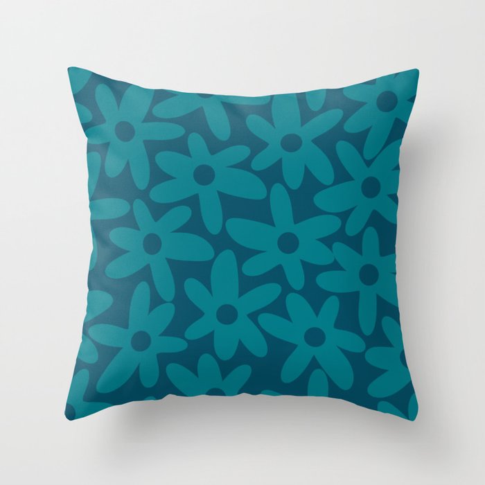 Daisy Time Retro Floral Pattern in Teal Blue Throw Pillow Gallery Image 6