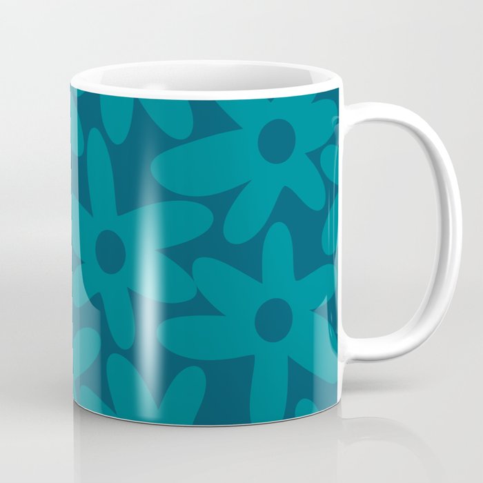 Daisy Time Retro Floral Pattern in Teal Blue Coffee Mug Gallery Image 1
