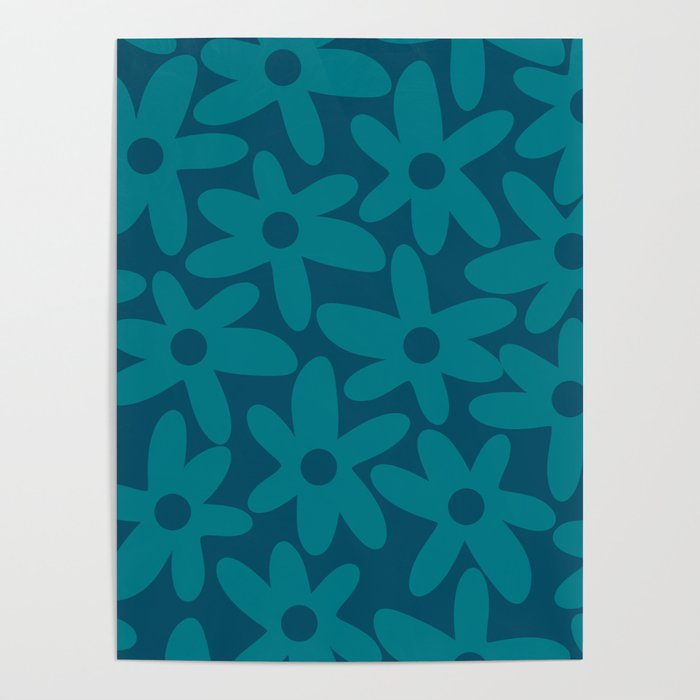 Daisy Time Retro Floral Pattern in Teal Blue Poster Gallery Image 4