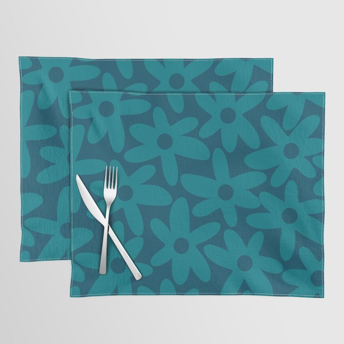 Daisy Time Retro Floral Pattern in Teal Blue Placemat Gallery Image 1
