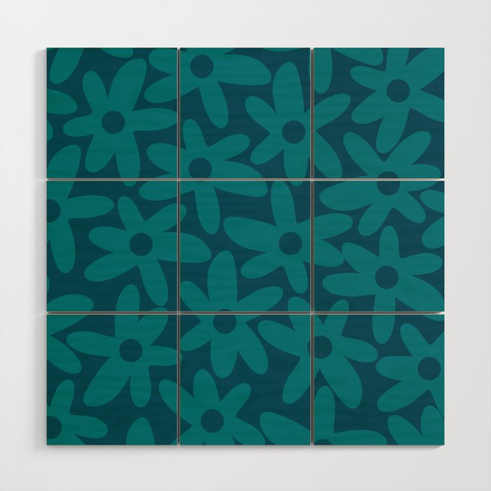 Daisy Time Retro Floral Pattern in Teal Blue Wood Wall Art Gallery Image 1