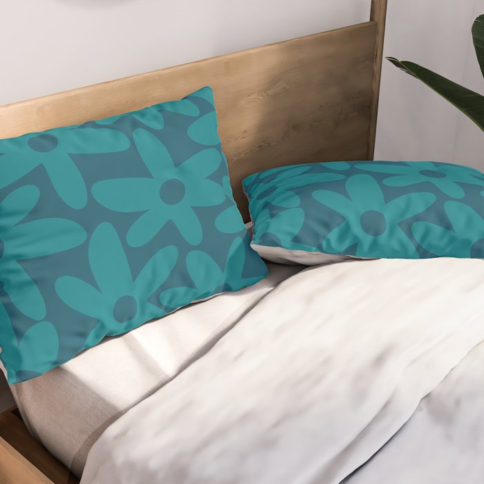 Daisy Time Retro Floral Pattern in Teal Blue Pillow Sham Gallery Image 2