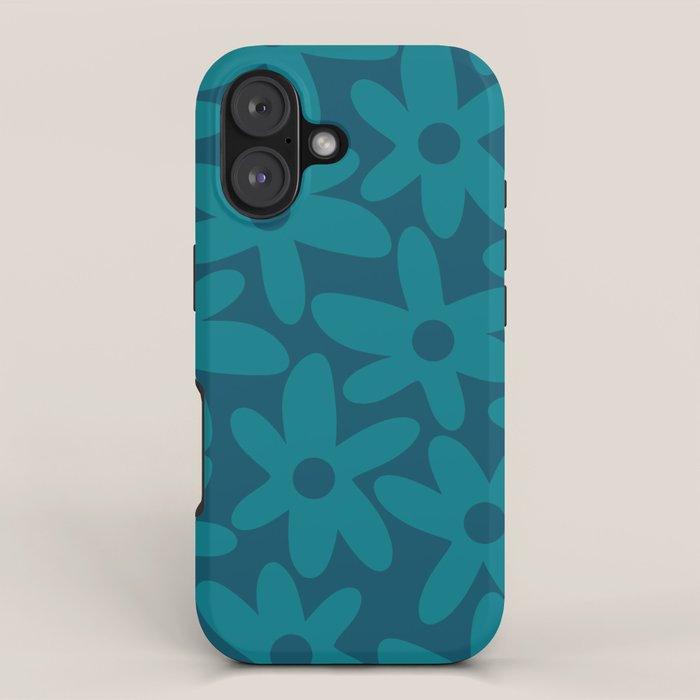 Daisy Time Retro Floral Pattern in Teal Blue iPhone Case Gallery Image 1