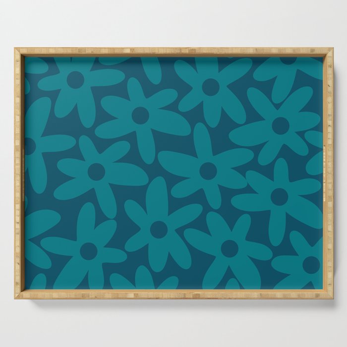 Daisy Time Retro Floral Pattern in Teal Blue Serving Tray Gallery Image 1