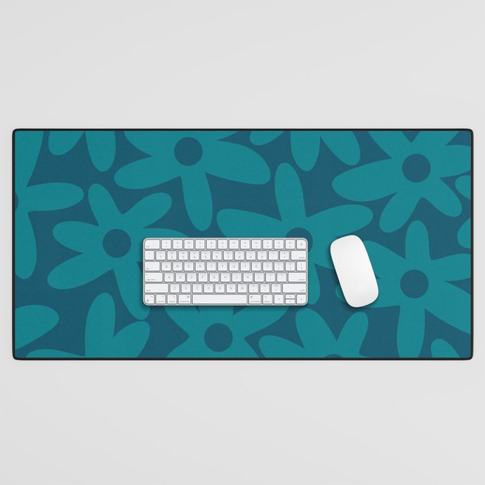 Daisy Time Retro Floral Pattern in Teal Blue Desk Mat Gallery Image 1