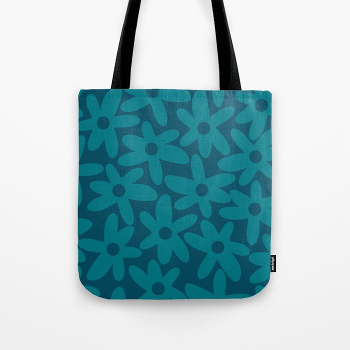 Daisy Time Retro Floral Pattern in Teal Blue Tote Bag Gallery Image 1