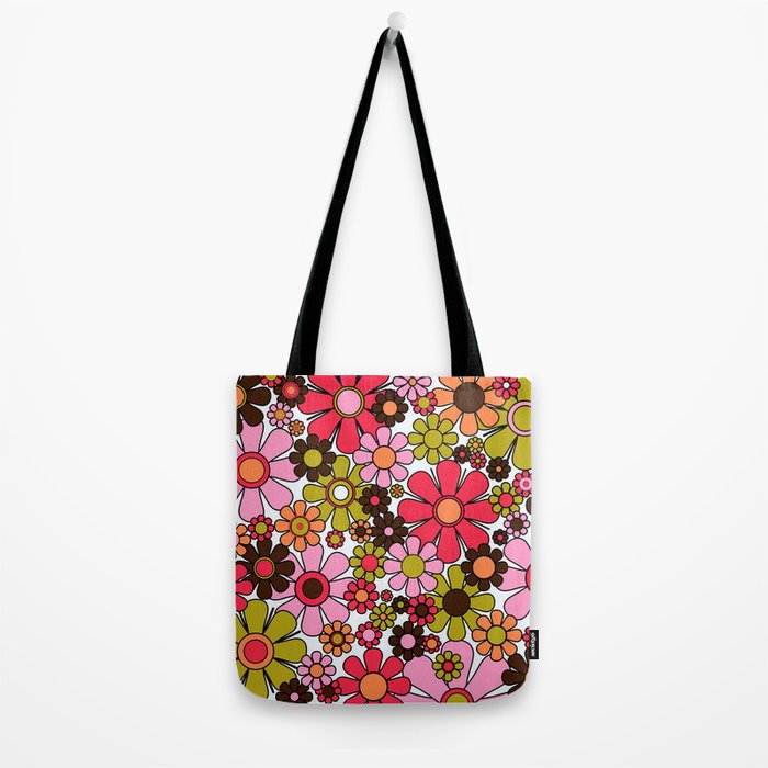 Retro Garden Flowers Groovy 60s 70s Floral Pattern in Pink, Dark Brown, Avocado Green, Orange, and Black Tote Bag Gallery Image 2