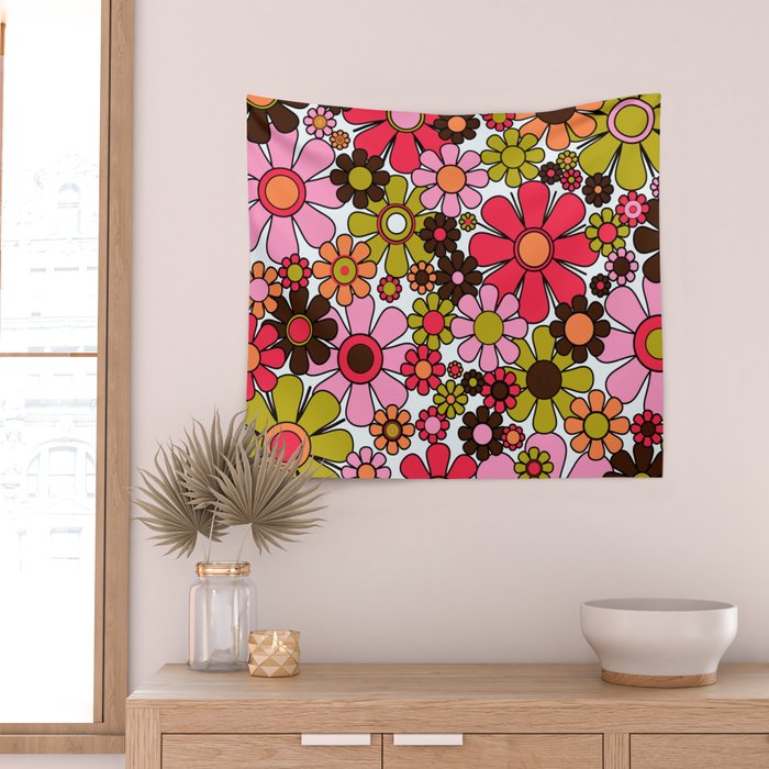 Retro Garden Flowers Groovy 60s 70s Floral Pattern in Pink, Dark Brown, Avocado Green, Orange, and Black Wall Tapestry Gallery Image 2