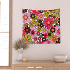 Retro Garden Flowers Groovy 60s 70s Floral Pattern in Pink, Dark Brown, Avocado Green, Orange, and Black Wall Tapestry Gallery Image 2