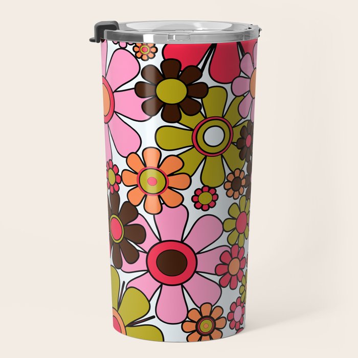 Retro Garden Flowers Groovy 60s 70s Floral Pattern in Pink, Dark Brown, Avocado Green, Orange, and Black Travel Mug Gallery Image 3