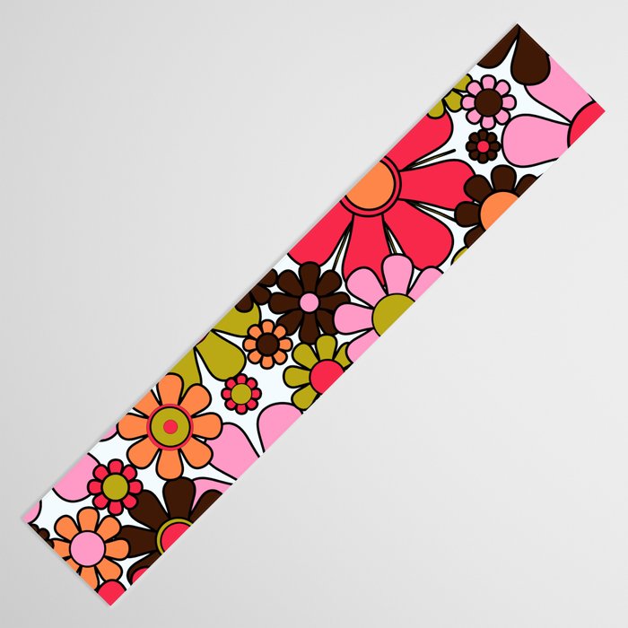 Retro Garden Flowers Groovy 60s 70s Floral Pattern in Pink, Dark Brown, Avocado Green, Orange, and Black Table Runner Gallery Image 3