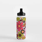 Retro Garden Flowers Groovy 60s 70s Floral Pattern in Pink, Dark Brown, Avocado Green, Orange, and Black Water Bottle Gallery Image 2