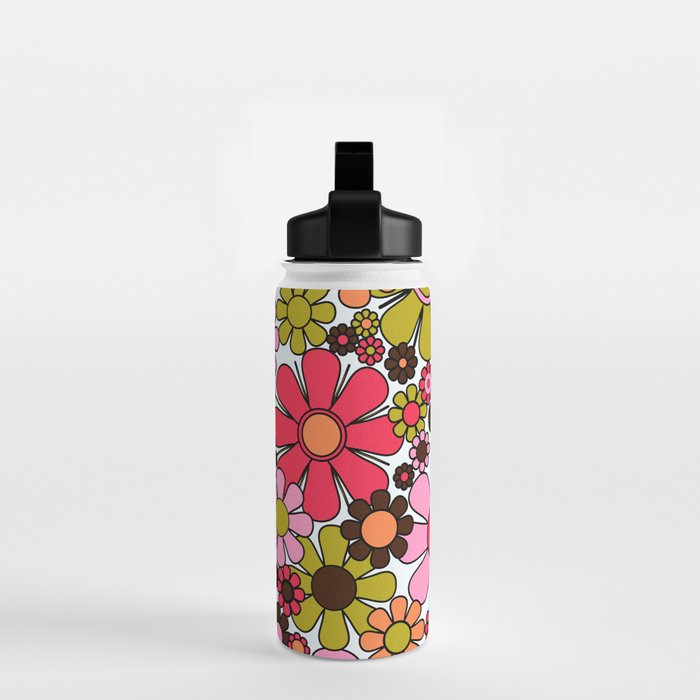 Retro Garden Flowers Groovy 60s 70s Floral Pattern in Pink, Dark Brown, Avocado Green, Orange, and Black Water Bottle Gallery Image 2