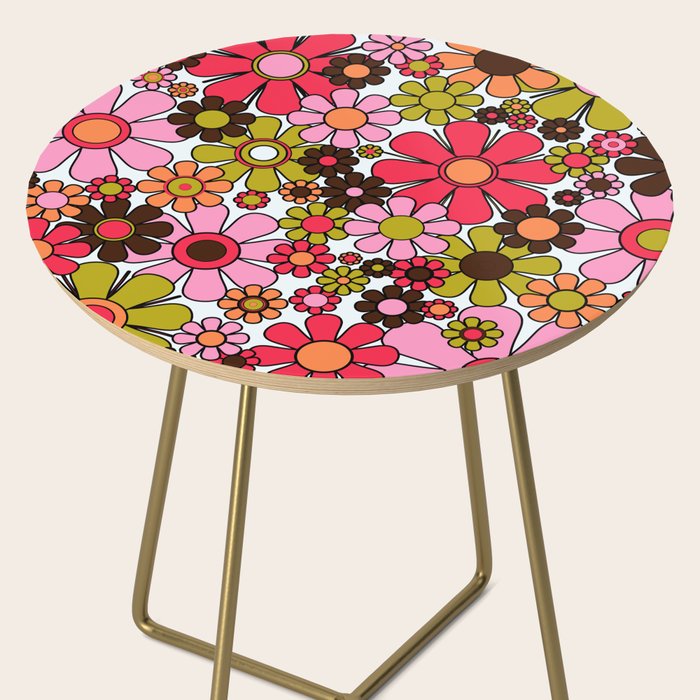 Retro Garden Flowers Groovy 60s 70s Floral Pattern in Pink, Dark Brown, Avocado Green, Orange, and Black Side Table Gallery Image 2