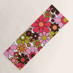 Retro Garden Flowers Groovy 60s 70s Floral Pattern in Pink, Dark Brown, Avocado Green, Orange, and Black Yoga Mat Gallery Image 1