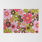 Retro Garden Flowers Groovy 60s 70s Floral Pattern in Pink, Dark Brown, Avocado Green, Orange, and Black Rug Gallery Image 2