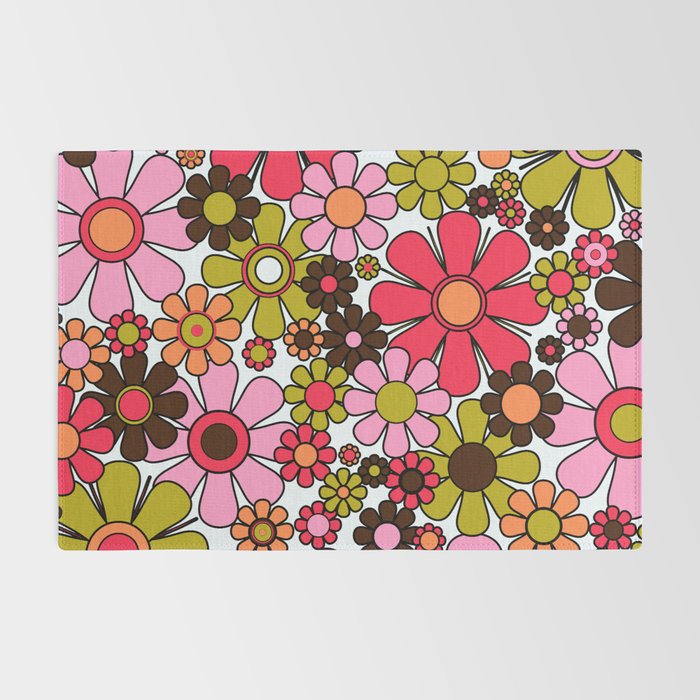 Retro Garden Flowers Groovy 60s 70s Floral Pattern in Pink, Dark Brown, Avocado Green, Orange, and Black Rug Gallery Image 2