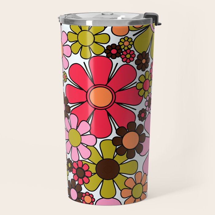 Retro Garden Flowers Groovy 60s 70s Floral Pattern in Pink, Dark Brown, Avocado Green, Orange, and Black Travel Mug Gallery Image 2