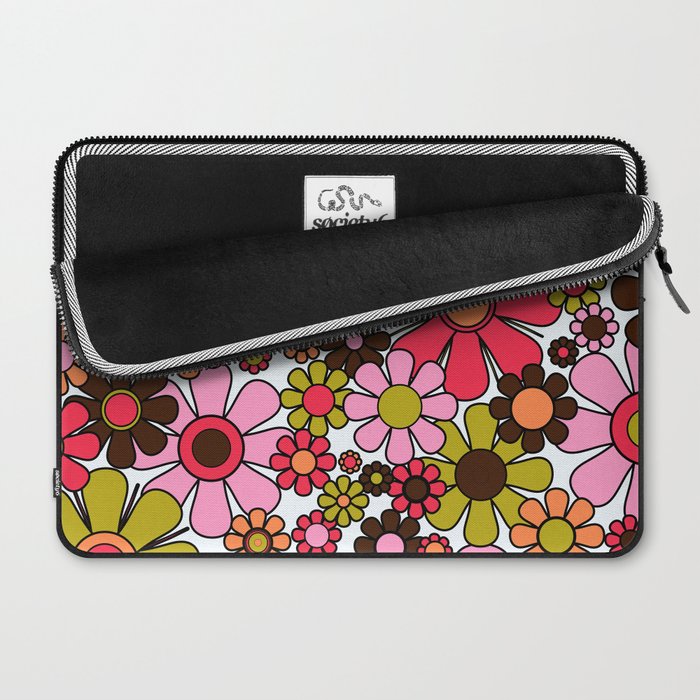 Retro Garden Flowers Groovy 60s 70s Floral Pattern in Pink, Dark Brown, Avocado Green, Orange, and Black Laptop Sleeve Gallery Image 2