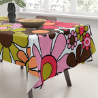 Retro Garden Flowers Groovy 60s 70s Floral Pattern in Pink, Dark Brown, Avocado Green, Orange, and Black Tablecloth Gallery Image 3