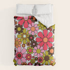 Retro Garden Flowers Groovy 60s 70s Floral Pattern in Pink, Dark Brown, Avocado Green, Orange, and Black Duvet Cover Gallery Image 6