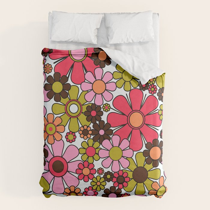 Retro Garden Flowers Groovy 60s 70s Floral Pattern in Pink, Dark Brown, Avocado Green, Orange, and Black Duvet Cover Gallery Image 6