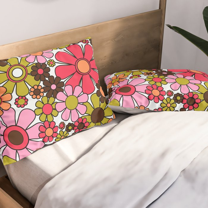 Retro Garden Flowers Groovy 60s 70s Floral Pattern in Pink, Dark Brown, Avocado Green, Orange, and Black Pillow Sham Gallery Image 2