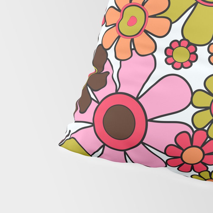 Retro Garden Flowers Groovy 60s 70s Floral Pattern in Pink, Dark Brown, Avocado Green, Orange, and Black Pillow Sham Gallery Image 4