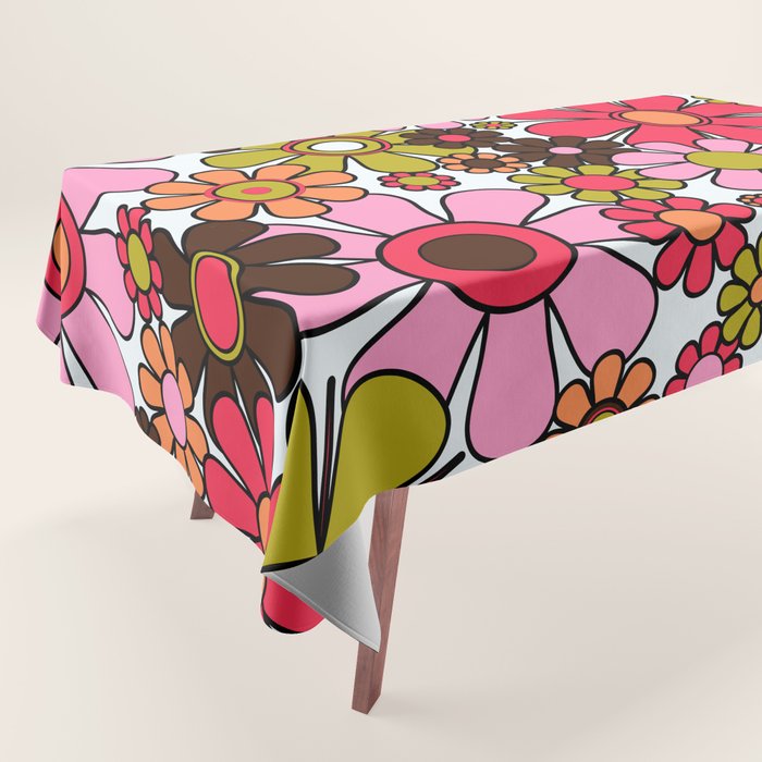 Retro Garden Flowers Groovy 60s 70s Floral Pattern in Pink, Dark Brown, Avocado Green, Orange, and Black Tablecloth Gallery Image 1